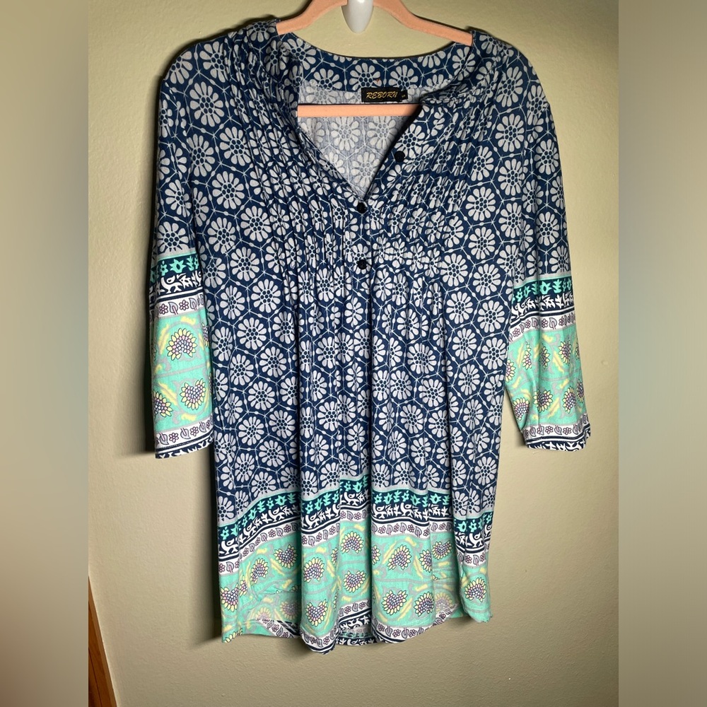 Reborn Dress Size S Women Blue Green Geometric Mandrin Collar Pintuck Pleats